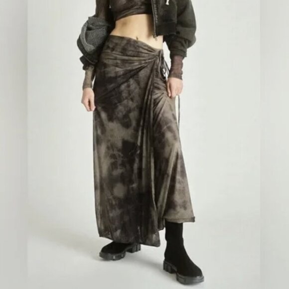 Free People Supernova Asymmetrical Mesh Maxi Skirt Tie Dye Ruche Wrap Khaki XS - Picture 1 of 14